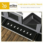2-tier rabbit hutch no-leak plastic tray base, black tray with drainage channel arrows