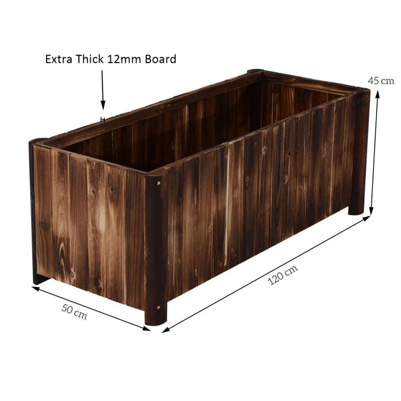 Wooden raised planter box with dark carbonized finish, 120 cm length and 45 cm height