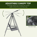 Adjustable canopy tilt hinge on a dark grey outdoor swing bench frame
