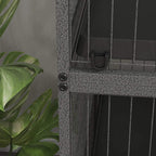 Grey wire cage side panel with black door latch handle.