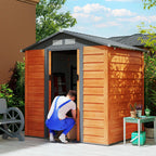 Brown metal garden shed with sliding door open, showing interior shelves and storage