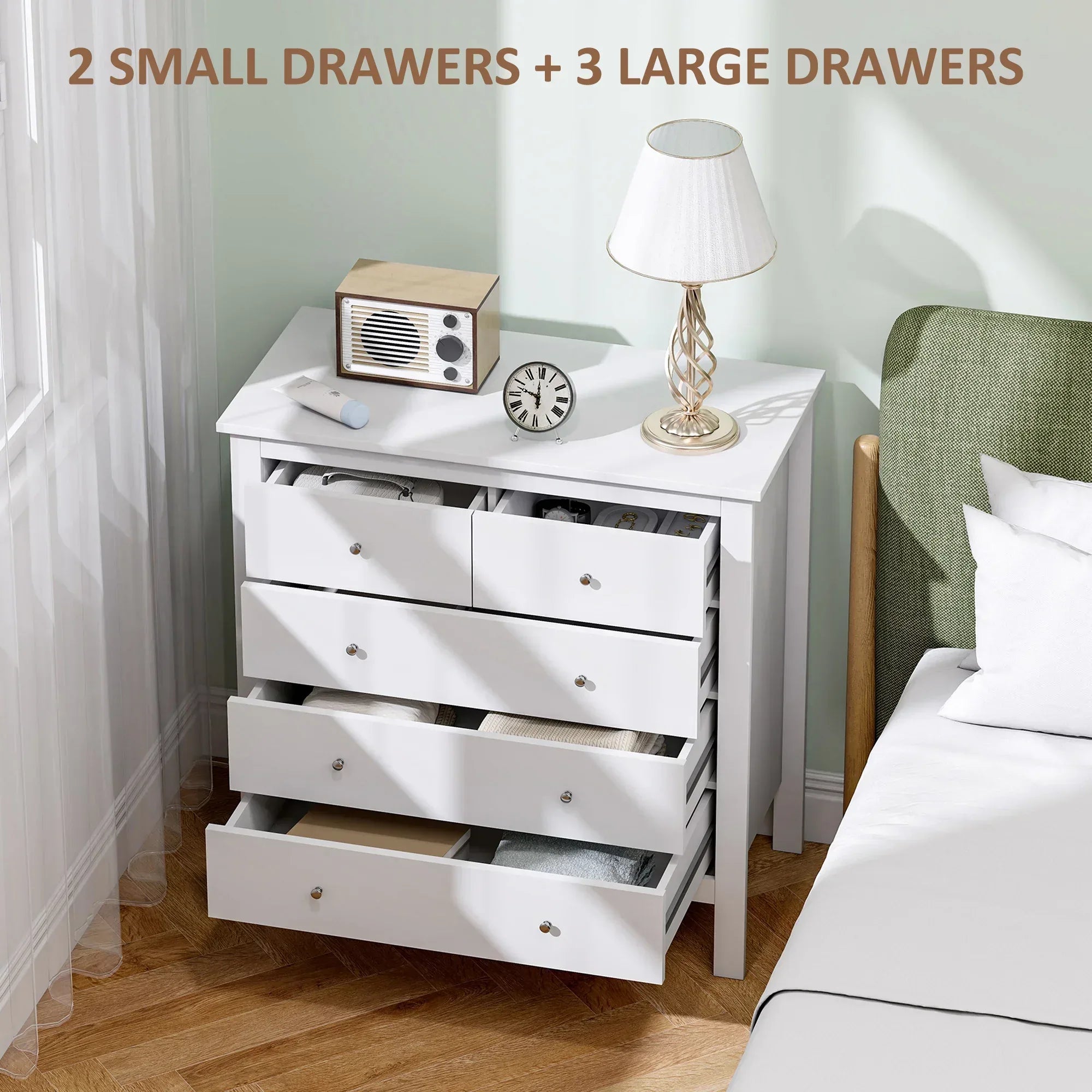 5 Drawer Dresser for Bedroom, Modern Chest of Drawers, Wide Storage Unit for Living Room, Hallway, Closet, White - Bobobiy