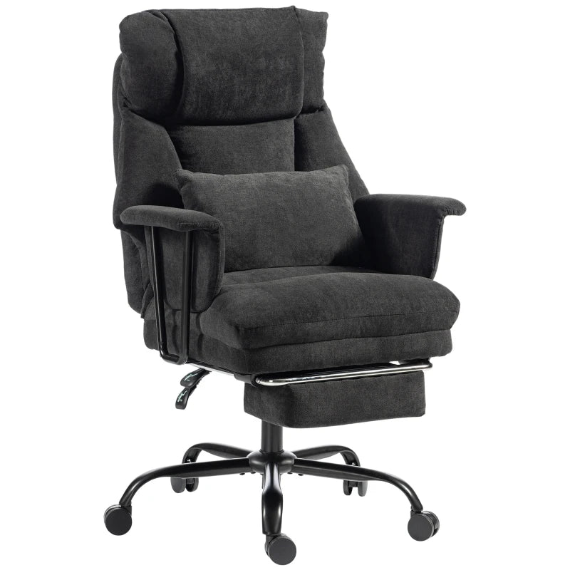 Black upholstered office chair with high back, lumbar support, armrests, and swivel base