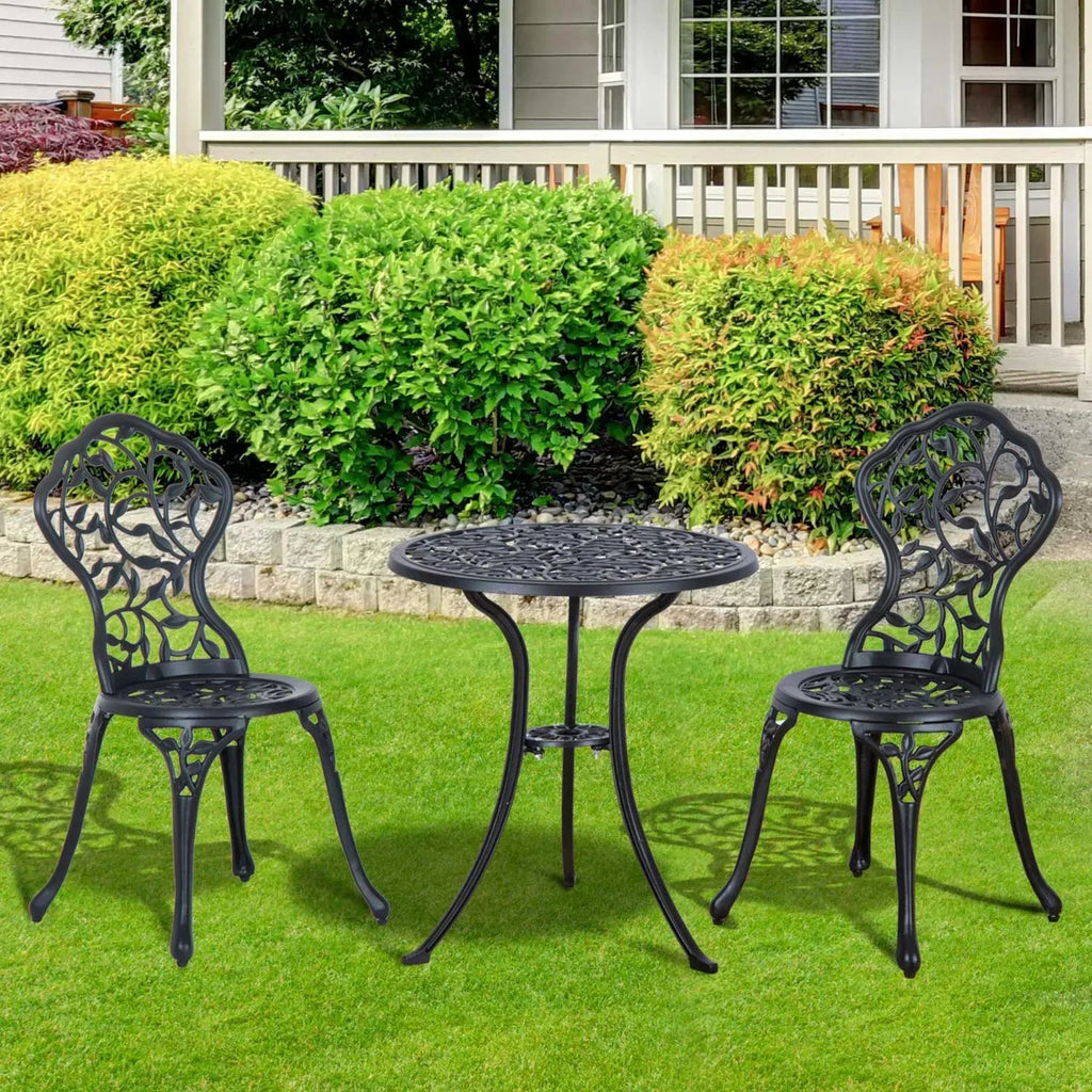 3 Pcs Aluminium Bistro Set Garden Furniture Dining Table Chairs Antique Outdoor Seat Patio Seater Black - Bobobiy