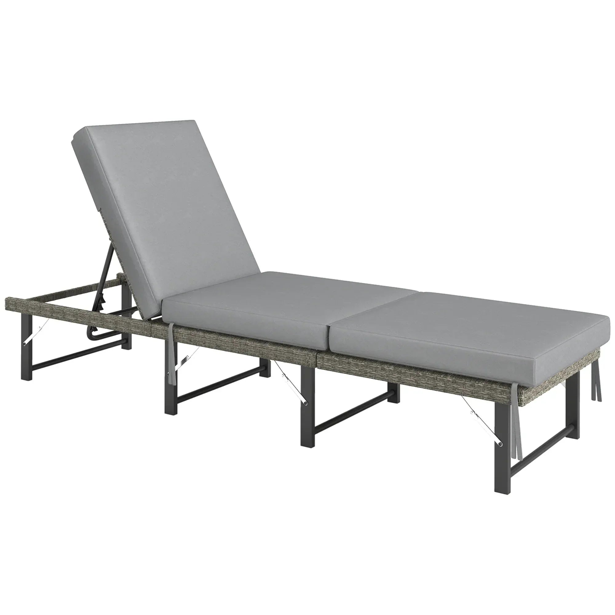 Single Folding Rattan Sun Lounger, with Cushion - Grey - Bobobiy