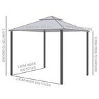 Grey metal gazebo frame with roof, showing leg-to-leg and edge measurements