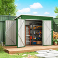 Green metal garden storage shed with open double doors and organized items inside