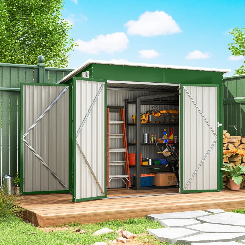 Green metal garden storage shed with open double doors and organized items inside