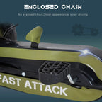 Green pedal go-kart with enclosed chain area on the side