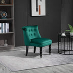Dark green velvet-feel wingback accent chair with tufted back and turned wooden legs