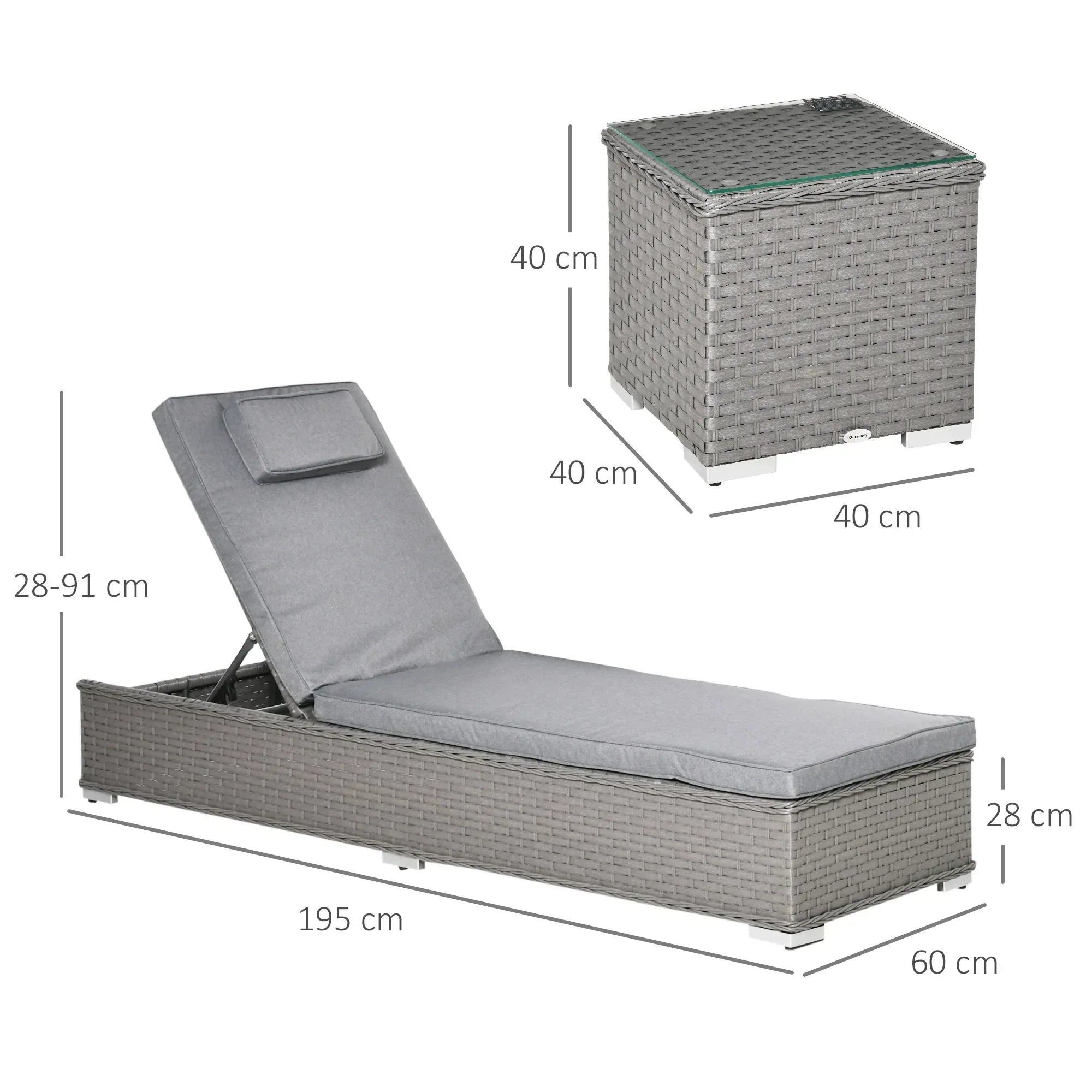 3 Pieces Rattan Sun Lounger Set with Aluminium Frame, 5-Position Adjustable Reclining Garden Chairs and Glass Top Table, Wicker Garden Furniture Daybed with Cushions for Patio, Grey - Bobobiy