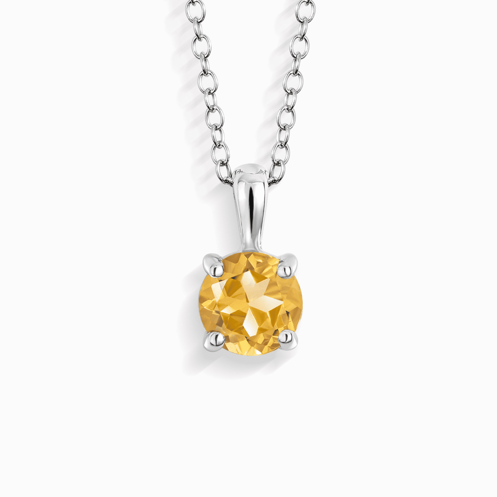 Sterling silver solitaire pendant necklace with round yellow citrine gemstone centerpiece