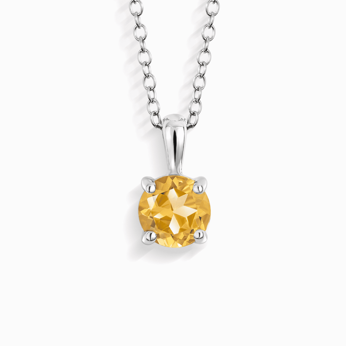 Sterling silver solitaire pendant necklace with round yellow citrine gemstone centerpiece
