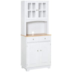 White kitchen cupboard with framed glass doors, louvered panels, and two lower drawers