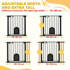 Black pet safety gate with cat flap door, adjustable width fit for openings
