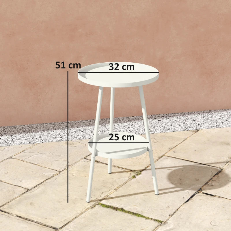 White two-tier round metal garden table, side view with lower shelf