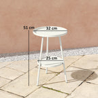 White two-tier round metal garden table, side view with lower shelf