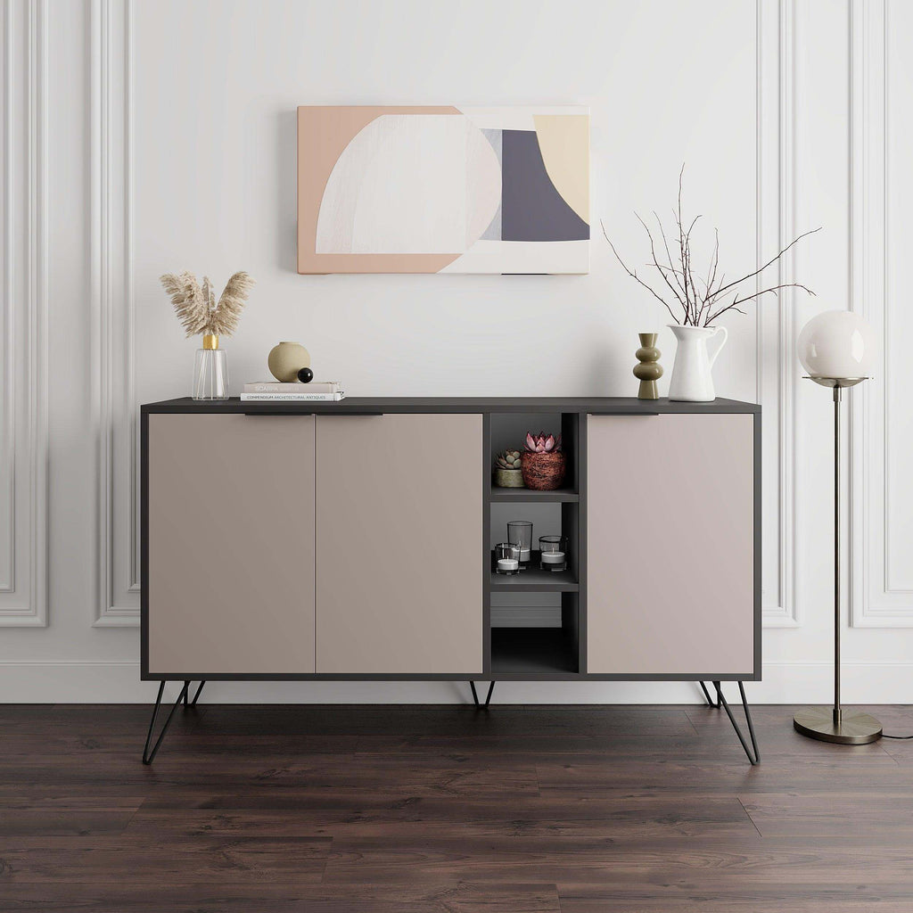 Modern sideboard console with dark grey cabinets and open center shelving