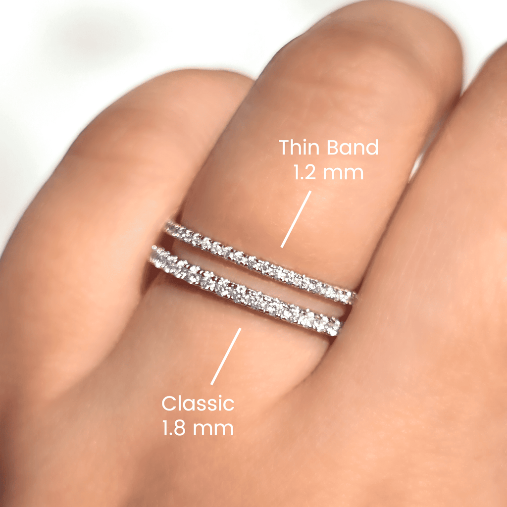Sterling silver eternity ring with pavé stones on finger