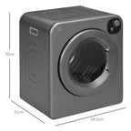 Grey freestanding tumble dryer with front door, top panel, and size markings