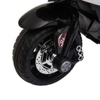 Kids electric ride-on motorcycle front wheel and fork, black fender with red decal