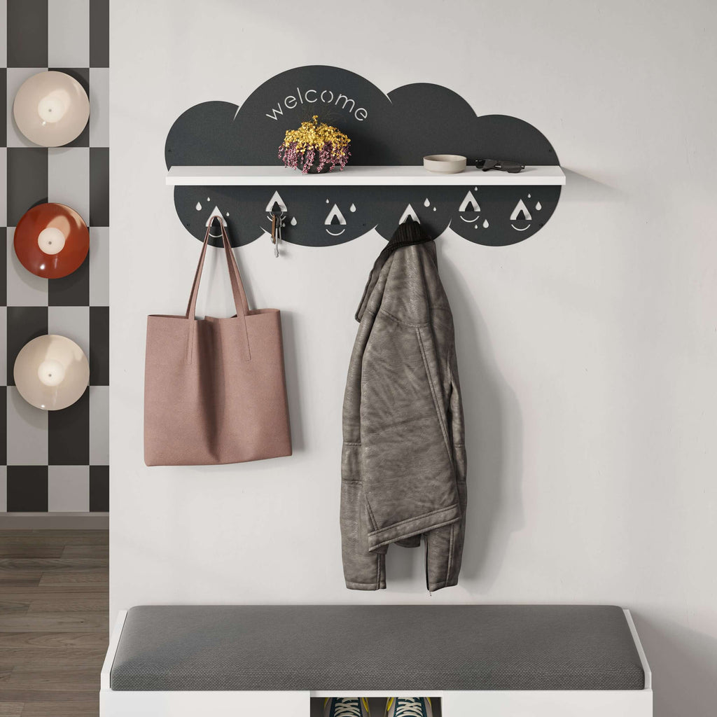 Wall-mounted cloud coat rack with white shelf, “welcome” sign, and hanging hooks
