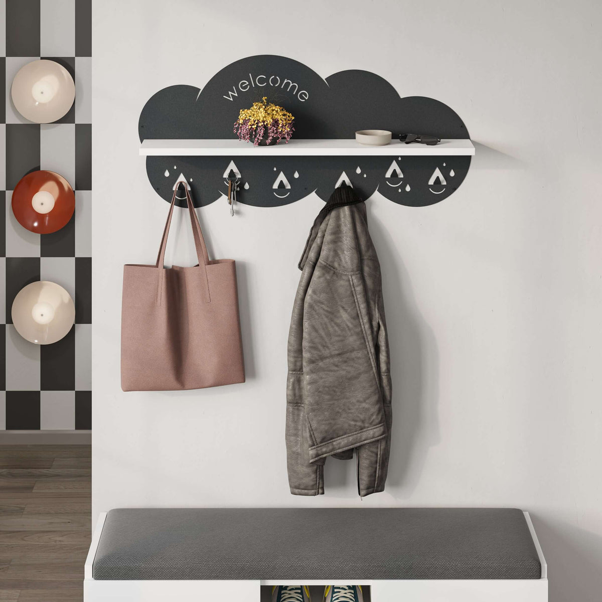 Wall-mounted cloud coat rack with white shelf, “welcome” sign, and hanging hooks