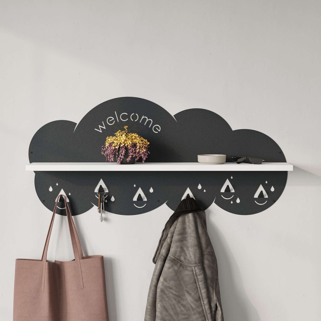 Wall cloud coat rack with white shelf, “welcome” text, and raindrop-style hook row