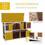 Two-tier wooden pet hutch with multiple front entry doors and open roof