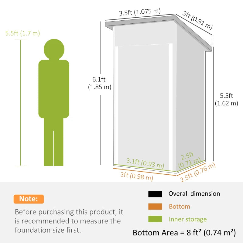 3.5 x 3 ft outdoor storage shed size diagram with door and height measurements