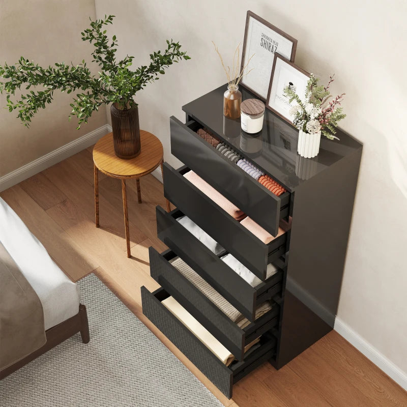 High-gloss black 5-drawer storage cabinet shown at an angle in a room setting.