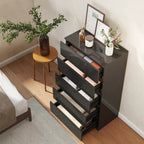 High-gloss black 5-drawer storage cabinet shown at an angle in a room setting.