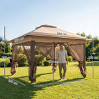 Khaki pop-up canopy gazebo with netting panels and height-adjustable frame