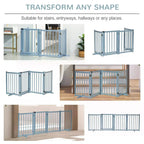 Blue four-panel foldable dog gate barrier shown in multiple room layouts