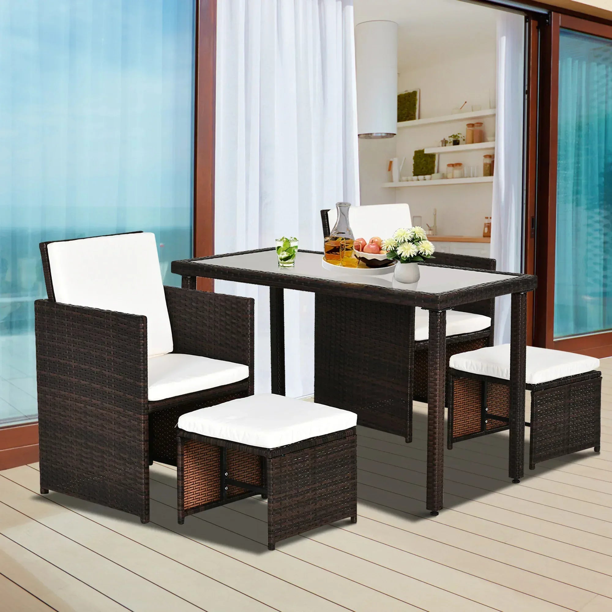 2 Seater Rattan Cube Garden Furniture Set, Rattan Dining Set with Cushions, Outdoor Dining Table and Chairs with 2 Armchairs, 2 Stools, Rectangular Glass Top Table for Patio, Balcony, Brown - Bobobiy