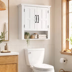 White wall cabinet with 2 paneled doors and black handles, recessed storage niche