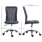 Dark grey mesh chair with padded seat, swivel base, and visible height adjustment range.