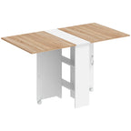 White folding drop-leaf dining table with natural wood top and 2-tier shelf, on casters