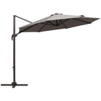 Grey cantilever garden parasol with dark canopy and offset cantilever support pole