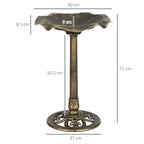 Bronze-tone standing bird bath, 71 cm tall, lotus leaf basin on fluted pedestal