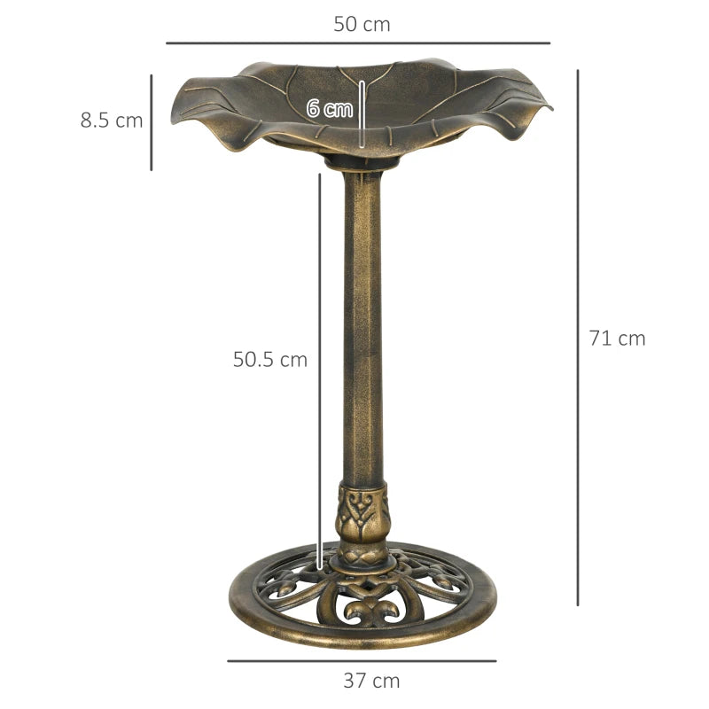 Bronze-tone standing bird bath, 71 cm tall, lotus leaf basin on fluted pedestal