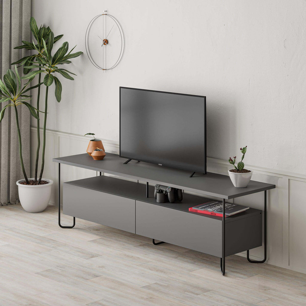 Modern TV unit with storage cabinet, grey finish, wide open media shelf and drawer storage