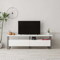 Modern TV unit with storage cabinet, black top and white base, cabinet doors and media shelf