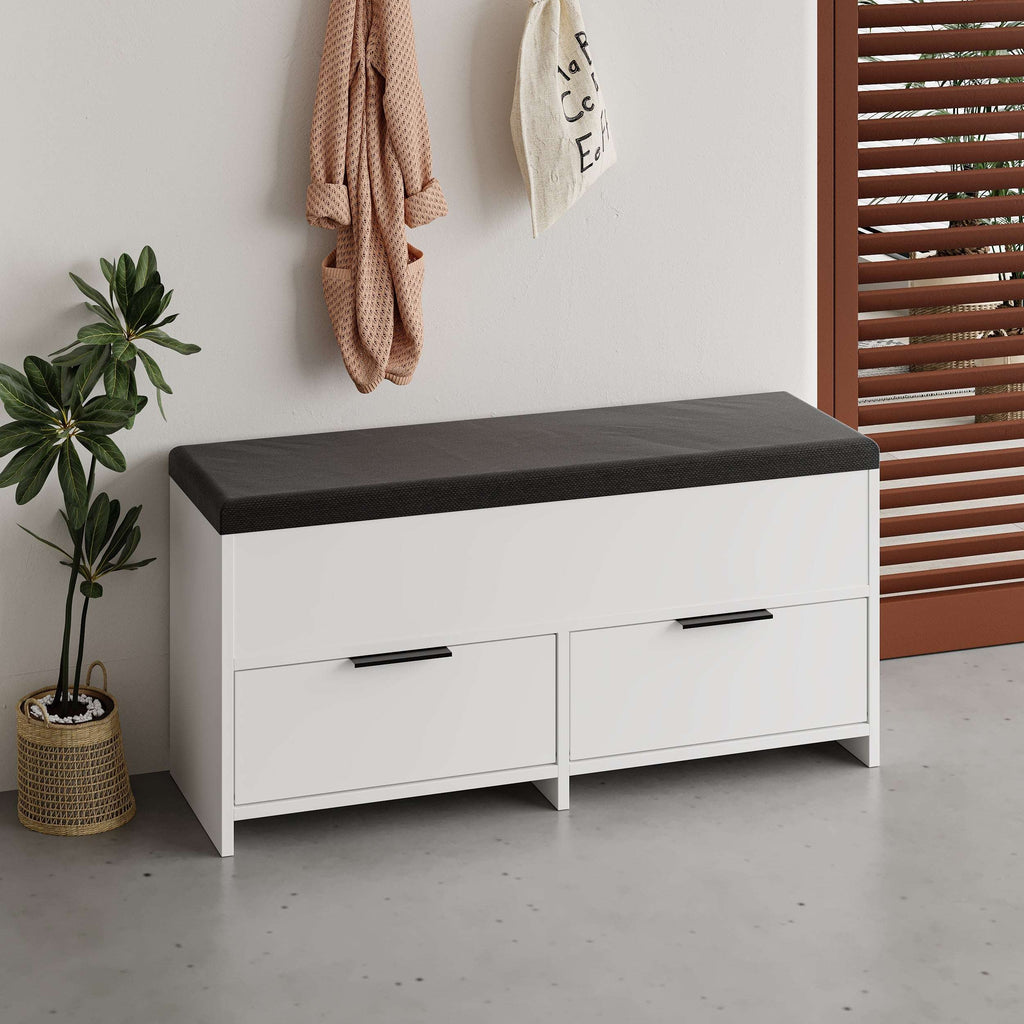 White shoe storage bench with dark cushioned seat and two storage drawers