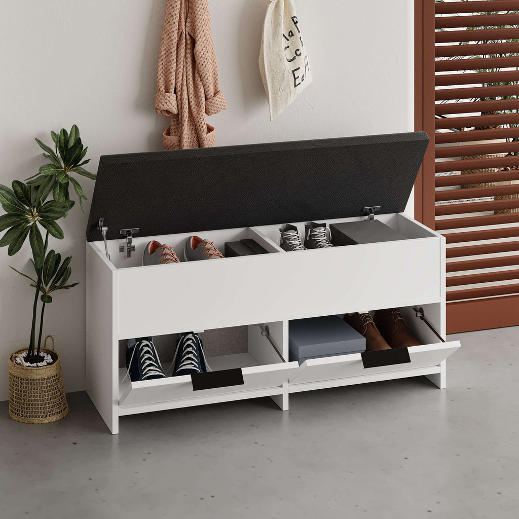 White shoe storage bench with open lid showing shoe compartments and drawers