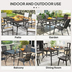 Black rectangular dining table with slat top and steel frame for indoor and outdoor use