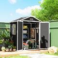 Black garden storage shed with double doors open, showing shelves and tools inside