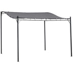 Grey metal pergola with dark canopy roof and four corner legs