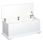 White storage chest with flip-top lid open, showing safety hinges and metal latches.