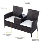 Dark brown rattan 2-seat sofa set featuring thick tempered glass top and white cushions